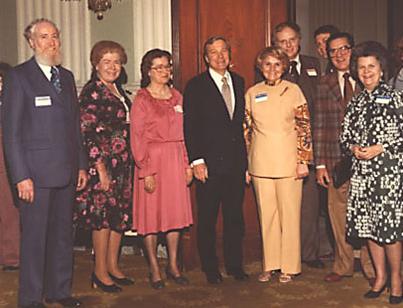 1978 Illinois State Society Board of Directors with officers: Ralph Golden, Helen Lewis, Marie McQueen, Sen. Chuck Percy, Violet Watka, Dave Jenkins, Marve Boruff, and Virginia Blake.