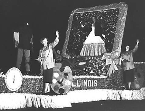 Illinois State Society Float 1954
This Illiniois State Society float was part of a night-time lighted Cherry Blossom Festival parade in the central shopping district on K Street, NW. The cherry blossom princess at the top of the float was Nancy Rainville from Chicago whose father Harold Rainville was the manager for Sen. Everett Dirksen's Chicago office and his top poltical advisor in the state.